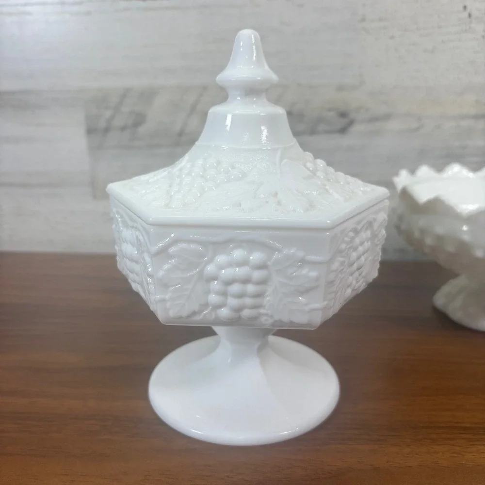 Vintage Fenton Hobnail Milk Glass Candy Dish, Two Candle Holders, Canister Lot 5